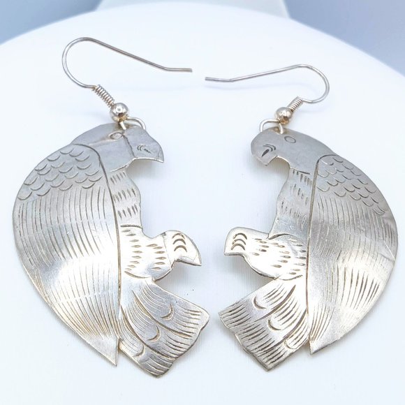 Vintage Silver Etched Bird Hawk Dangle Earrings - Picture 9 of 12